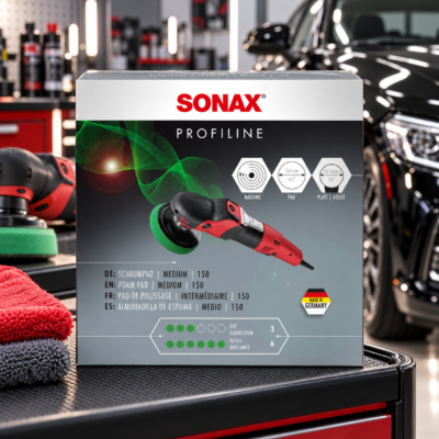 SONAX Gąbka polerska zielona średnio twarda 150 mm – wykończeniowa do polerek rotacyjnych (498541) 2