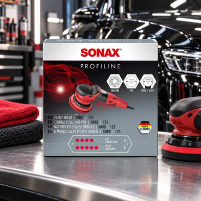 SONAX Gąbka polerska czerwona twarda 140 mm – mocno ścierna do polerek DA (492341) 2